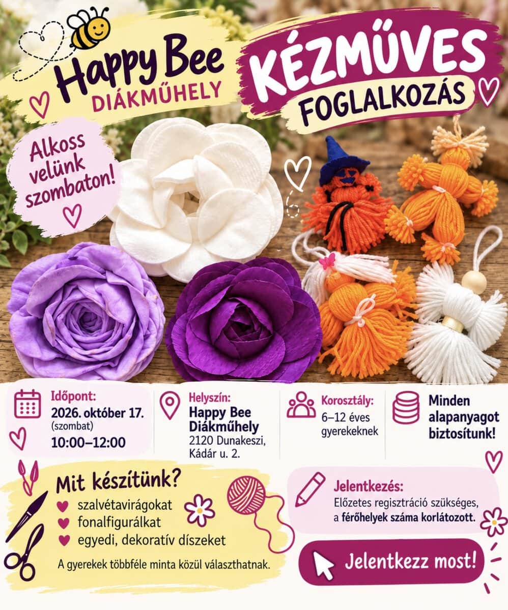 Kézműves foglalkozás Dunakeszin a Happy Bee Diákműhelyben – szalvétavirágok és fonalfigurák gyerekeknek.