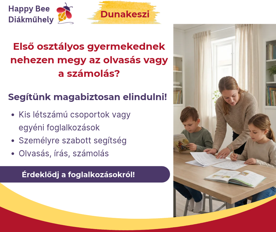 Pedagógus kisgyermeknek segít az olvasás és írás gyakorlásában, a Happy Bee Diákműhely első osztályosoknak szóló foglalkozásait bemutató képen.
