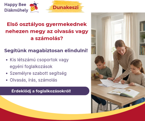 Pedagógus kisgyermeknek segít az olvasás és írás gyakorlásában, a Happy Bee Diákműhely első osztályosoknak szóló foglalkozásait bemutató képen.
